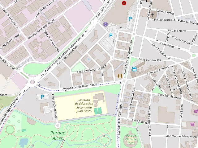 Mapa del barrio: La Rabiosa en la calle Emilia Pardo Bazán, con la estación de autobuses, los cines Mancha Centro, los aparcamientos y los institutos alrededor
